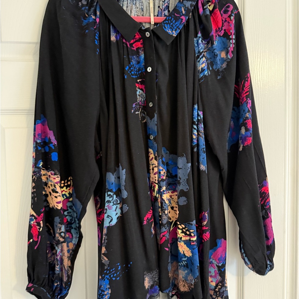 Free People Black Blouse with Vibrant Floral Design